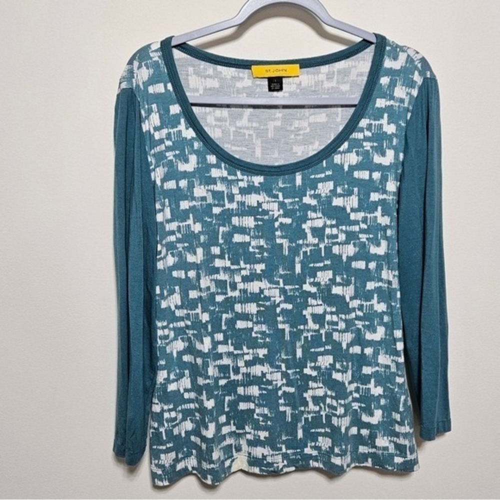 St. John Womens Art‎ Print Top Jersey Knit Cottage L Teal White - Picture 9 of 11